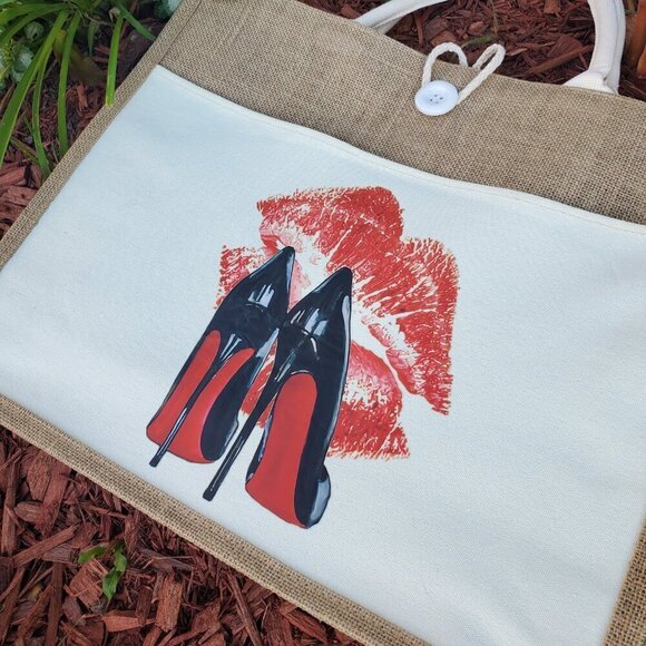 Custom Canvas Tote Bag, Large Size - Red Lips & Heels Theme Cream Tote - Picture 12 of 16